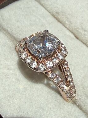 Zales Rose Gold and Silver Cushion-Cut Halo White Sapphire Ring - Vintage Style